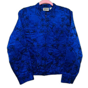 Chicos Designs Silk Blue Black Embroidered Jacket size medium